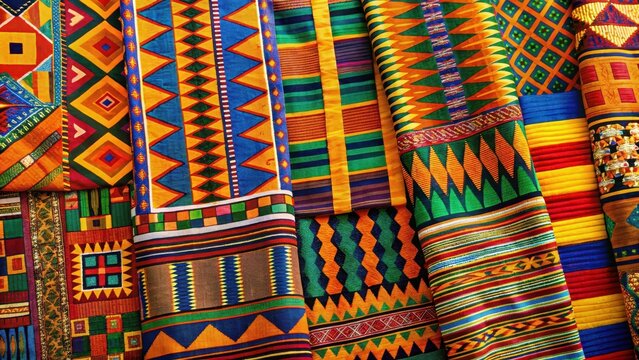 African Kente cloth vibrant geometric patterns , colorful textiles
