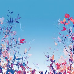 Vibrant Floral Landscape with Pink Flowers and Blue Sky
