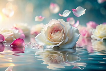 Long Exposure White and Pink Rose Petals Falling on Water, Romantic Floral Background