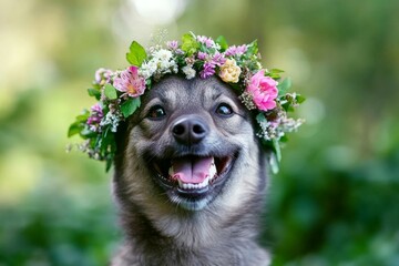 Cute baby dog norwegian elkhound wearing savage flower crown on its head. Vacation time happiness....