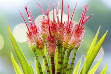 Imperata cylindrica close-up, red tips, green blades, soft bokeh. Outdoor lighting, natural. Detailed plant beauty cartoon.