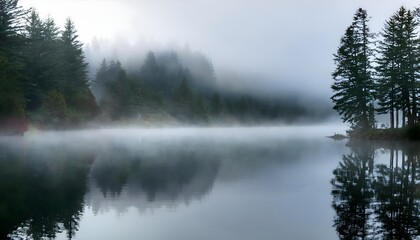 Foggy Morning Over a Tranquil Forest Lake, Mystical Landscape with Fog and Water Reflections, Dreamlike Lake Scene with Fog and Reflections.