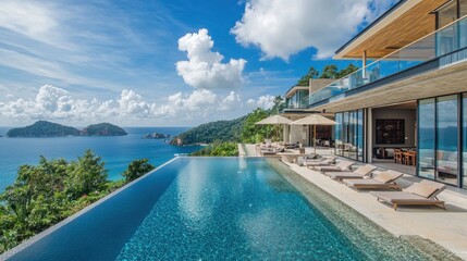Obraz premium Luxurious hillside villa with infinity pool and ocean view.