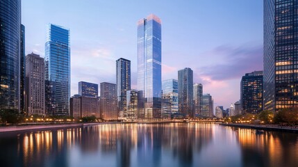 Obraz premium Cityscape at dawn, skyscrapers reflected in calm water.