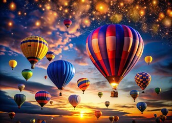 Obraz premium Low Light Magic: Varicolored Balloons Soar in Twilight Blue Sky