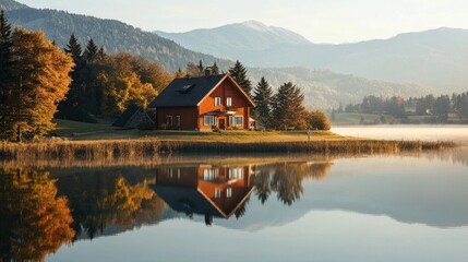 Fototapeta premium Lakeside autumn house reflection. (1)