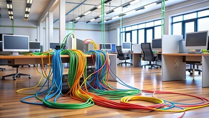 A network of colorful cables connecting devices in a modern workspace, workspace, electronics,  workspace
