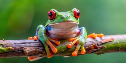 Naklejka premium A red-eyed tree frog sitting alone on a bare tree branch in the morning