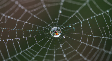 Obraz premium Macro Shot of Morning Dew on a Spider Web in Nature
