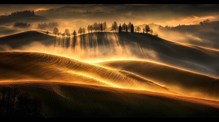 Golden sunrise illuminating rolling hills and mist.