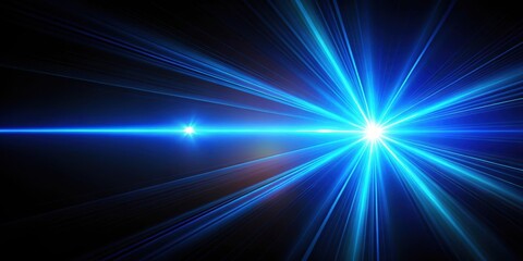 Obraz premium Dense blue laser light beam emanates from a compact device on a black background, creating an intense glow