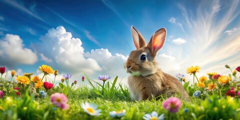 Fototapeta premium A little rabbit sitting on a blade of grass in a lush green meadow, surrounded by vibrant flowers and a clear blue sky with white clouds, wildflowers, field