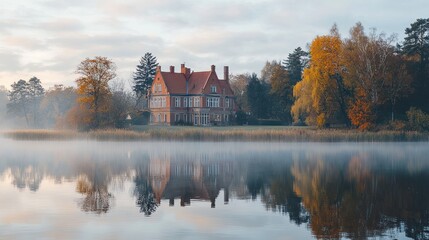 Obraz premium Misty autumn morning, lake reflection of grand house.