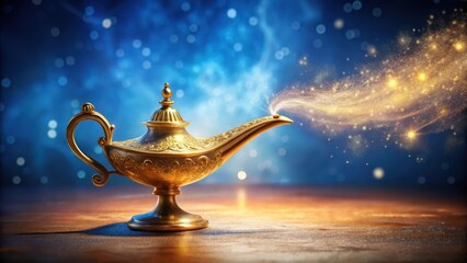 Golden magic lamp shining brightly on a blue background, fantasy world, illuminated,  fantasy world, illuminated, enchantment