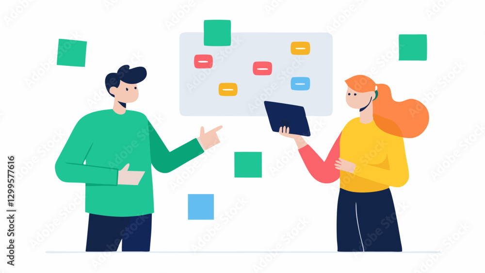 Poster strategy planning a digital marketplace consultant brainstorming strategies with a client surrounded