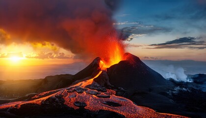 Towering volcano erupting flames and ash into the sky creating a stunning natural display of power