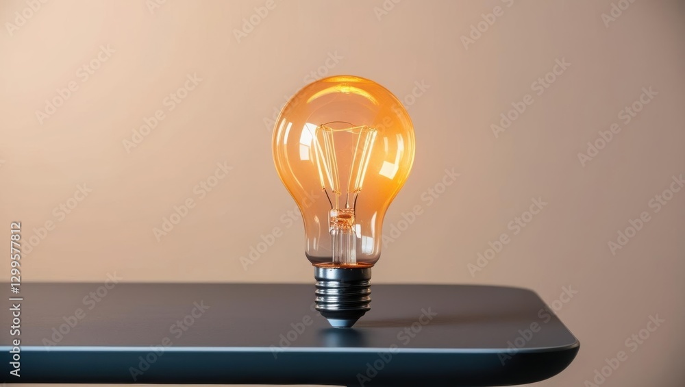 Poster vintage light bulb casting a warm light on a table surrounded by a soft and inviting background