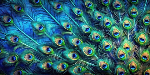 Obraz premium Vibrant peacock feathers spread across a deep blue background, forming an intricate and colorful pattern of blues and greens with iridescent sheen , decorative designs, vibrant colors