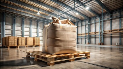 A large bulk bag filled with brown goods sits atop a wooden pallet, surrounded by empty spaces and industrial equipment, with a rustic wooden beam above it , warehouse, manufacturing