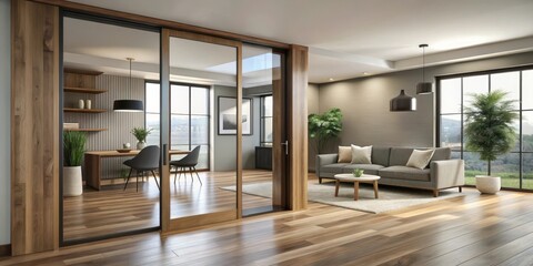 Obraz premium Sleek glass door with modern wooden frame in a contemporary living room, wooden frame