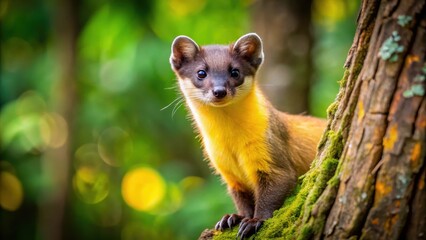 Fototapeta premium A yellow-throated marten's grey and brown fur blends with tree bark in Chitwan National Park's dense forest surroundings , forest, animal