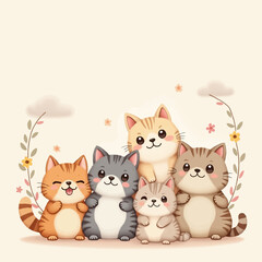 A whimsical, pastel-colored background featuring a cluster of adorable cartoon cats of various breeds and fur textures, with distinctive facial features, rounded ears, and fluffy whiskers, arranged in