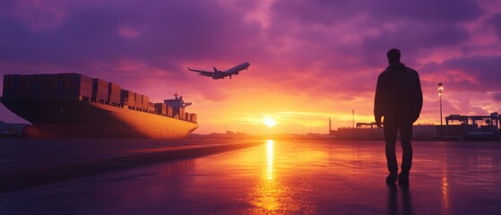 Cargo Ship, Plane, and Silhouette at Sunset