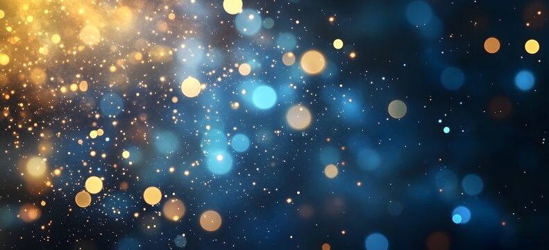 fond lumineux abstrait avec des bokeh dor&eacute;s et bleus dans l'obscurit&eacute;, repr&eacute;sentant la magie et l'illumination effets lumineux. - No&euml;l, f&ecirc;tes de fin d'ann&eacute;e d&eacute;cembre janvier,
