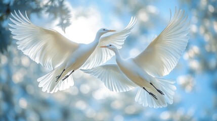 Obraz premium Two white birds in flight, winter trees, bright sky