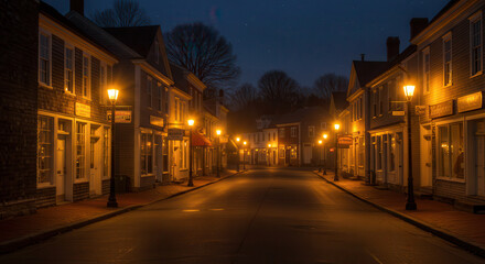 Quiet Historic Street Illuminated by Lanterns in Evening Urban Setting with Empty Pathway