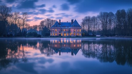 Obraz premium Elegant chateau reflected in tranquil lake at dawn.