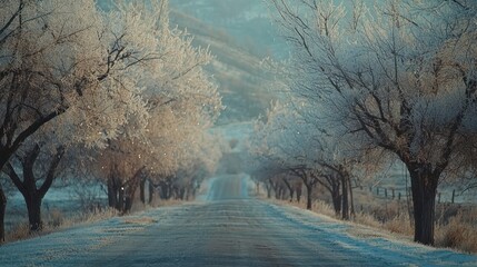 Frosty trees line a country road on a cold winter morning.