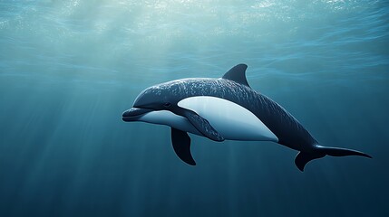 Black and white dolphin gliding peacefully under ocean waves