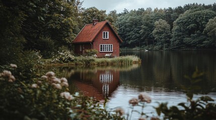 Obraz premium Red brick house by lake, reflected in calm water, surrounded by lush green trees and flowers.