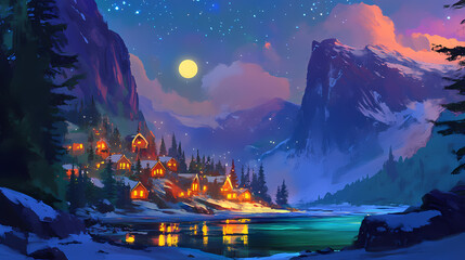 Fototapeta premium Santa's village nestled in a secluded mountain valley, vibrant colors, twinkling lights, festive decorations, enchanting winter wonderland atmosphere. Bliss - Beach. Illustration