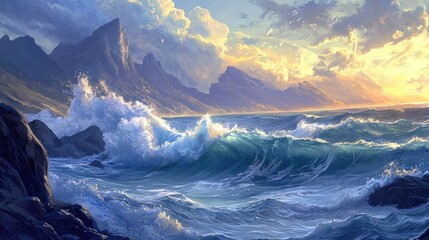 Dramatic sunset over ocean waves crashing against rocky coastline.