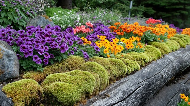 Vibrant Spring Flowers Blooming Garden Colorful Petunias Mossy Log Border Lush Greenery Natural Beauty Outdoor Floral Arrangement Landscape Design    
