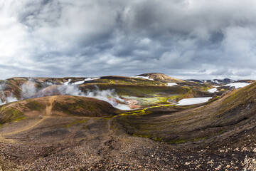 Breathtaking View of Icelandic Highlands Showcasing Dramatic Landscapes and Steam Rising from Geothermal Areas Beneath a Foreboding Sky Filled with Dynamic Weather Patterns