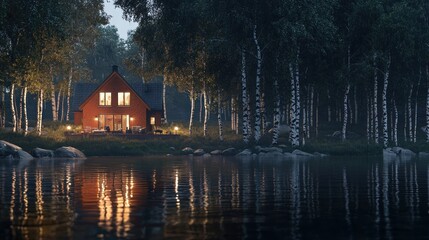 Fototapeta premium Lakeside cabin at dusk, illuminated windows reflecting on calm water.