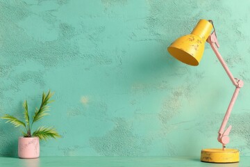 A stylish workspace with a yellow desk lamp and a small plant against a textured teal wall, creating a refreshing and vibrant atmosphere perfect for productivity