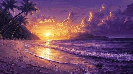 Serene sunset over a tropical beach with palm trees and gentle waves.