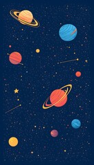 Naklejka premium Cartoon depiction of a star filled space with planets and stars