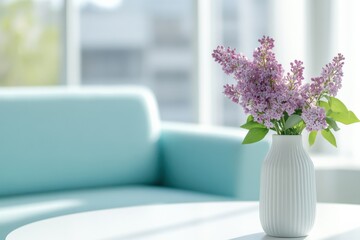 lilac flowers in a vase on a table in a bright room