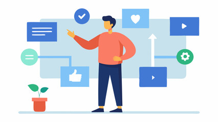 Social Media Planning The manager stands in front of a large screen displaying social media platforms pointing out strategies and planning promotional posts to attract backers.