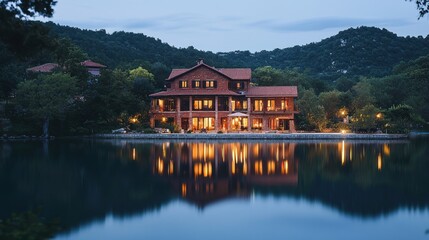 Luxurious lakeside mansion at dusk, reflecting in calm water.