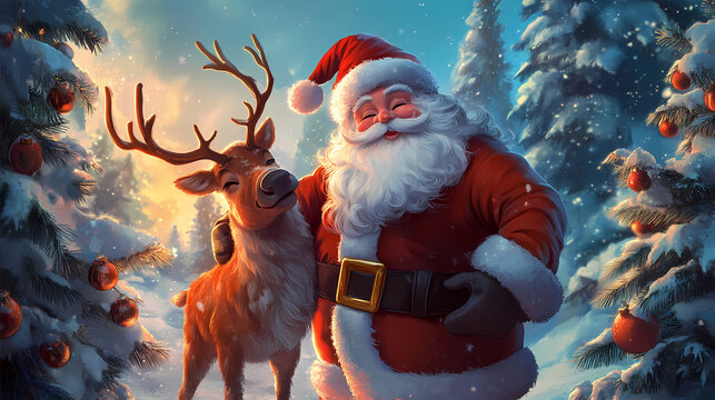 A joyful santa claus embraces a cheerful reindeer amidst festive trees, perfect for holiday-themed projects and decorations. Bliss - Beach. Illustration