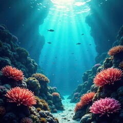 Obraz premium Deep underwater scene of undulating seaweed and wavy coral, schools of small fish darting through, fish, currents, reef