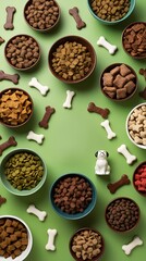 Obraz premium Various bowls filled with different types of dry dog food and scattered bone-shaped treats on a green background, featuring a small dog figurine, top-down view