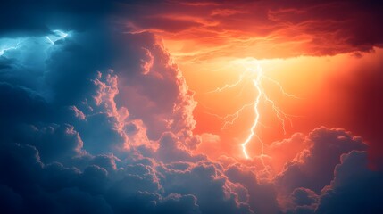 Dramatic Lightning Storm Cloudscape,  Fiery Sunset Sky with Bolts