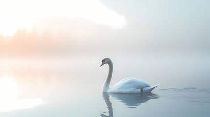 Obraz premium A swan gliding gracefully across a foggy lake. Bliss - Beach. Illustration